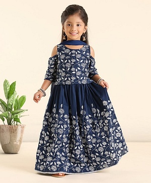 Babyhug Cold Shoulder Choli Lehenga And Dupatta Embroidered - Navy Babyhug Cold Shoulder Choli Lehenga And Dupatta Embroidered - Navy