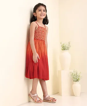 Babyhug Cotton Sleeveless Indo Western Ethnic Dress Floral Embroidered - Red