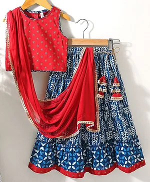 Babyhug Sleeveless Choli & Lehenga Set With Dupatta Ethnic Print - Red Blue