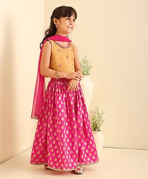 Babyhug Sleeveless Choli & Lehenga Set With Dupatta Leaf Embroidered - Yellow Pink