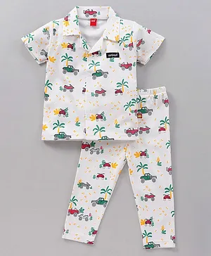 Wow Clothes Half Sleeves Night Suit Vehicle Print - Off White