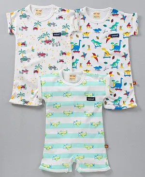 WOW Cotton Half Sleeves Onesies Printed Pack Of 3 - Blue White