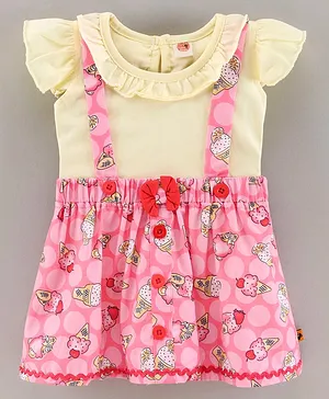 Dew Drops Knitted Frill Sleeves Top & Skirt Set Ice-Cream Print & Bow Applique - Pink & Beige