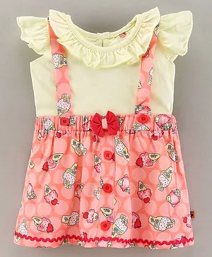 Dew Drops Knitted Frill Sleeves Top & Skirt Set Ice-Cream Print & Bow Applique - Peach & Yellow