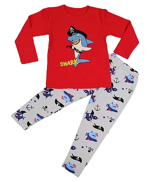 Anna Maria Full Sleeves Shark Print Night Suit - Red