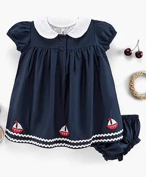 Babyhug Cotton Half Sleeves One Piece Frock Dress Embroidered - Navy Blue