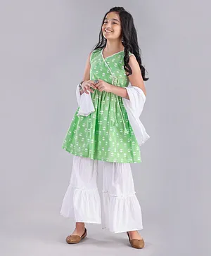 Pine Kids Churidar and Kurti Set with Dupatta Floral Print - Green White