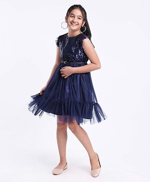 Pine Kids Frill Sleeves Sequinned Party Frock - Navy Blue