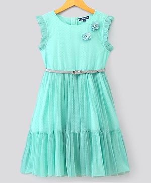 Pine Kids Sleeveless Frock with Belt and Mesh - Sky Blue