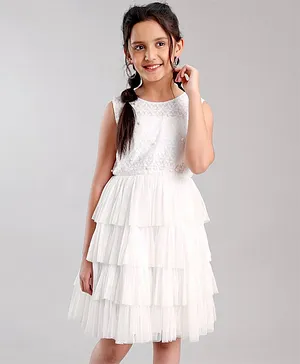 Pine Kids Half Sleeves Embellished Party Wear Dress- White