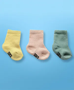 Ooka Baby Ankle Length Knitted Socks Branding Text Design Pack of 3 - Yellow Peach Green