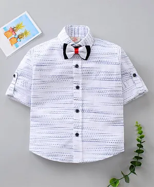 Rikidoos Full Sleeves Self Design Shirt With Bow - White