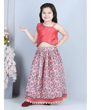 Kinder Kids Sleeveless Flower Embroidered Top With Floral Print Skirt - Pink