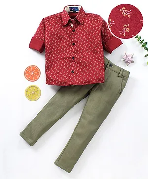 Knotty Kids Full Sleeves All Over Printed Shirt & Full Length Solid Pant Set - Red & Olive