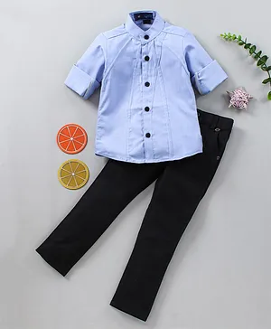 Knotty Kids Full Sleeves Solid Shirt & Full Length Solid Pant Set - Blue & Black