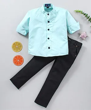 Knotty Kids Full Sleeves Solid Shirt & Full Length Solid Pant Set - Green & Black