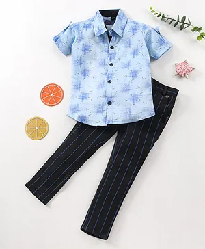 Knotty Kids Half Sleeves All Over Printed Shirt & Full Length Striped Pant Set - Blue & Black