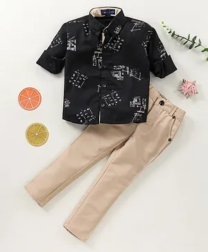 Knotty Kids Full Sleeves All Over Printed Shirt & Full Length Solid Pant Set - Black & Beige