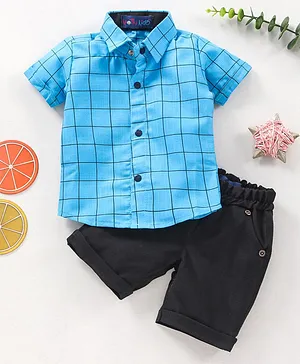 Knotty Kids Half Sleeves Checks Printed Shirt & Solid Shorts Set - Blue & Black