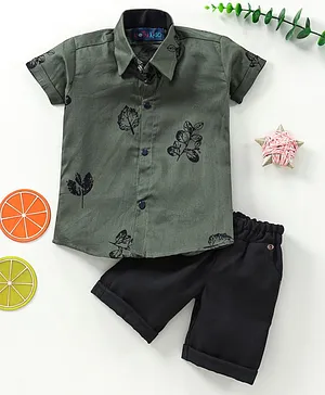 Knotty Kids Half Sleeves Leaf Printed Shirt & Solid Shorts Set - Green & Black