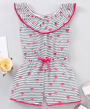 Babyhug 100% Cotton Sleeveless Jumpsuit Heart & Stripes Print - Multicolor