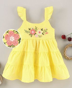 Babyhug 100% Cotton Singlet Sleeves Floral Embroidered Frock with Lining and Gathered - Yellow