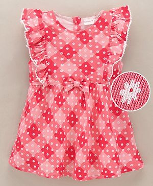 Babyhug Flutter Sleeves 100% Viscose Frock Floral Print - Pink