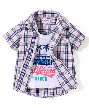 Babyhug 100% Cotton Half Sleeves Checkered Toffer Shirt With T-Shirt - Light Pink