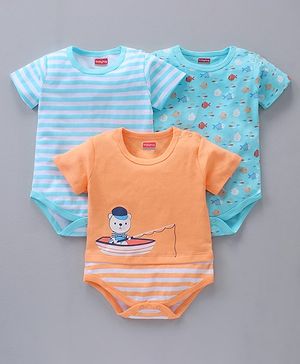 Babyhug 100% Cotton Half Sleeves Onesies Striped And Fish Print - Blue Orange