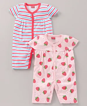 Babyhug 100% Cotton Short Cap Sleeves Rompers Stripe & Strawberry Print Pack Of 2 - Multicolor