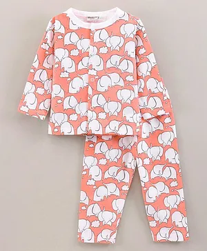 Wonderchild Full Sleeves Elephants Printed Night Suit - Peach