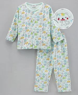Wonderchild Full Sleeves Animals Printed Night Suit - Sea Green