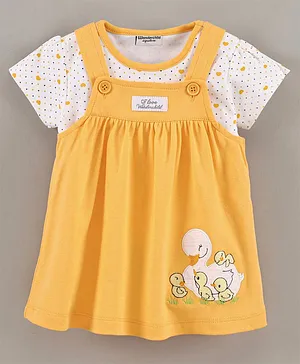 Wonderchild Short Sleeves Polka Dotted Tee With Swan Patch Dungaree Dress - Yellow