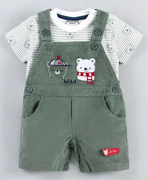 Wonderchild Short Sleeves Striped & Bear Printed Tee With Teddy Patch Dungaree - Olive Green