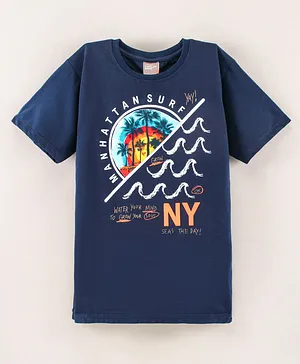Little Kangaroos Half Sleeves T-Shirt Text Print - Blue