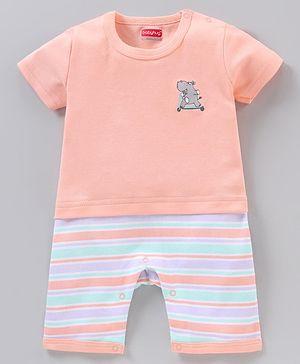 Babyhug 100% Cotton Half Sleeves Romper Rhino & Stripes Print- Orange