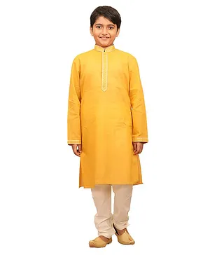 Manyavar Full Sleeves Embellished Placket Solid Kurta & Solid Pajama Set - Orange & White