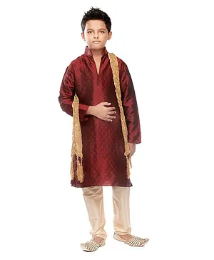 Manyavar Full Sleeves Self Design Ethnic Kurta With Pajama - Maroon