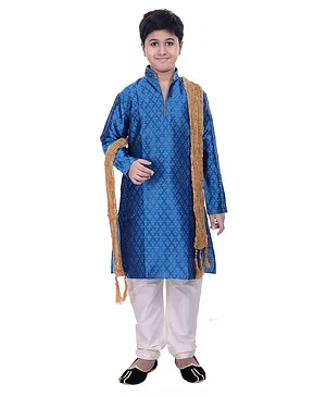 Manyavar Full Sleeves Self Design Ethnic Kurta With Pajama - Blue