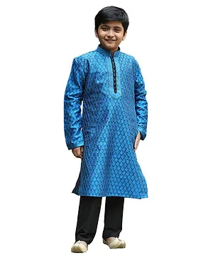 Manyavar Full Sleeves Self Design Kurta With Pyjama - Blue