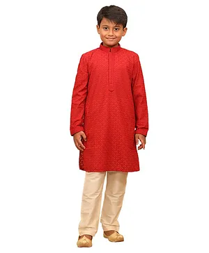 Manyavar Full Sleeves Embroidered Detail Kurta With Pyjama - Red