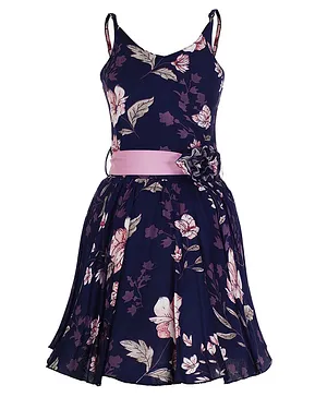 Naughty Ninos Sleeveless Floral Printed Fit And Flare Dress - Navy Blue