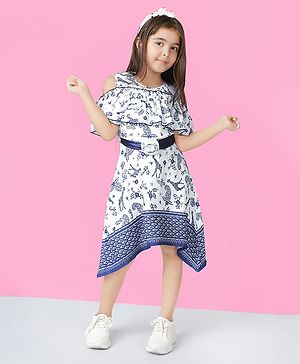 Naughty Ninos Cold Shoulder Sleeves Floral Printed Fit And Flare Dress - White Blue