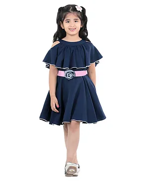 Naughty Ninos Cold Shoulder Sleeves Solid Fit And Flare Dress - Navy Blue