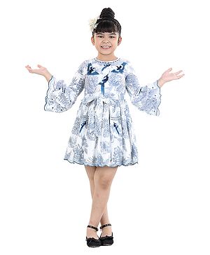 Naughty Ninos Full Sleeves Birds And Leaf Print Fit And Flare Dress - White