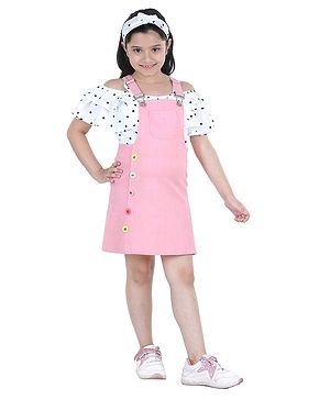 Naughty Ninos Half Sleeves Polka Dots Print Top With Pinafore Dress - Pink