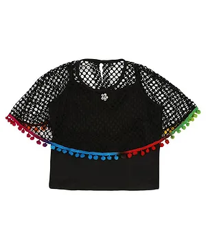 Actuel Half Sleeves Top With Pom Pom Lace Embellished Poncho Detail - Black