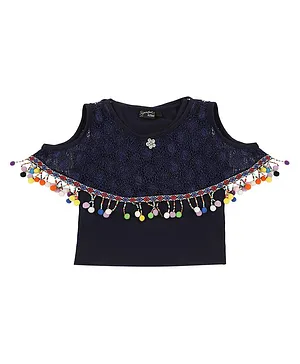 Actuel Half Sleeves Top With Pom Pom Lace Embellished Poncho Detail - Navy Blue