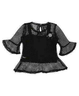 Actuel Three Fourth Sleeves Solid Top With Stone Detailing Applique Shrug - Black