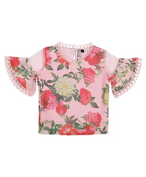 Actuel Half Sleeves Cold Shoulder Style Floral Printed Lace Detailing - Pink & Green